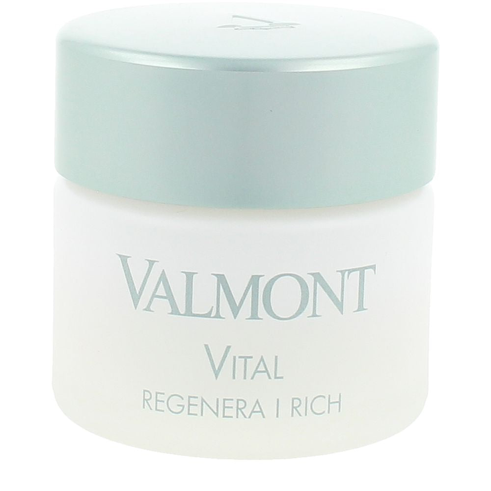Valmont Creamy face cream jar in white and light blue plastic, cylindrical shape with screw-on lid, printed name
