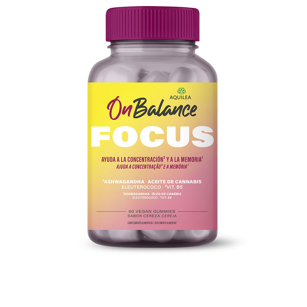 Transparent plastic bottle with yellow, pink, purple vegan gummies and gradient label, screw-cap detail, Aquilea
