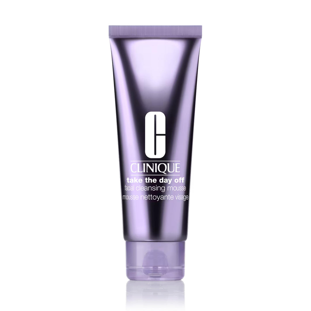 White silky mousse foam in a minimalist pump bottle on a neutral background, Clinique