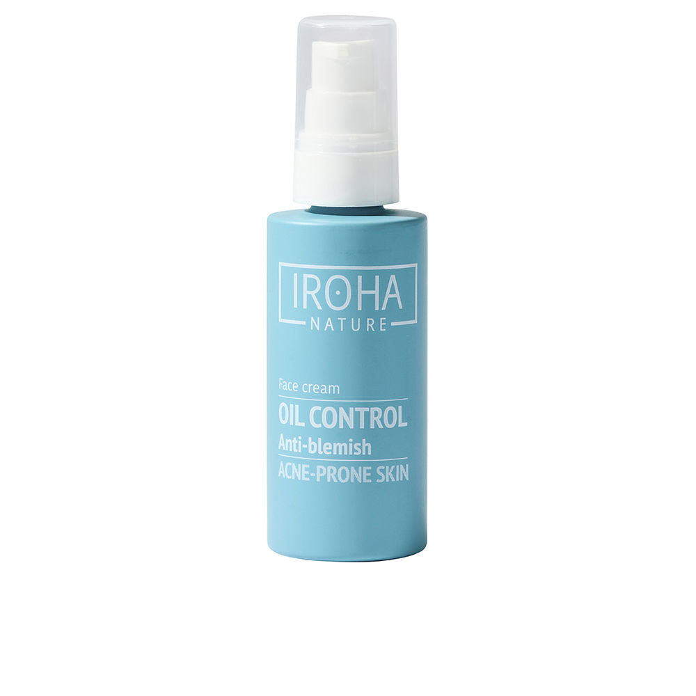 Iroha Light blue cylindrical plastic face cream with pump dispenser, white text print and matte finish