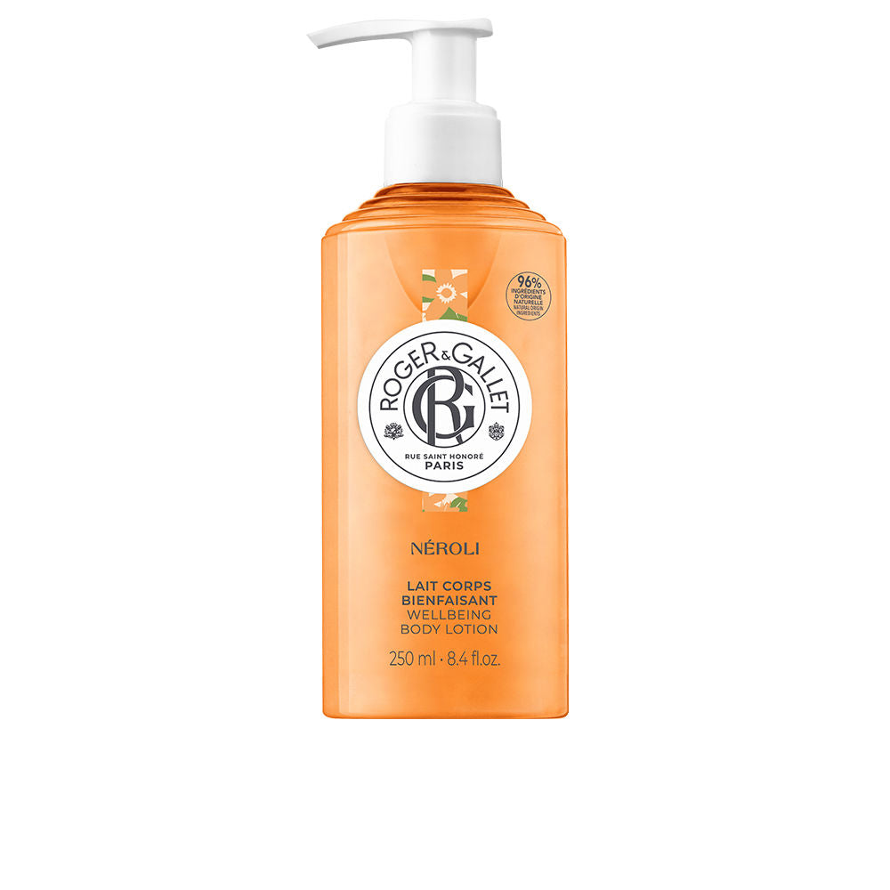 Orange rectangular plastic bottle with pump dispenser, white circular logo and small floral design — Roger & Gallet.