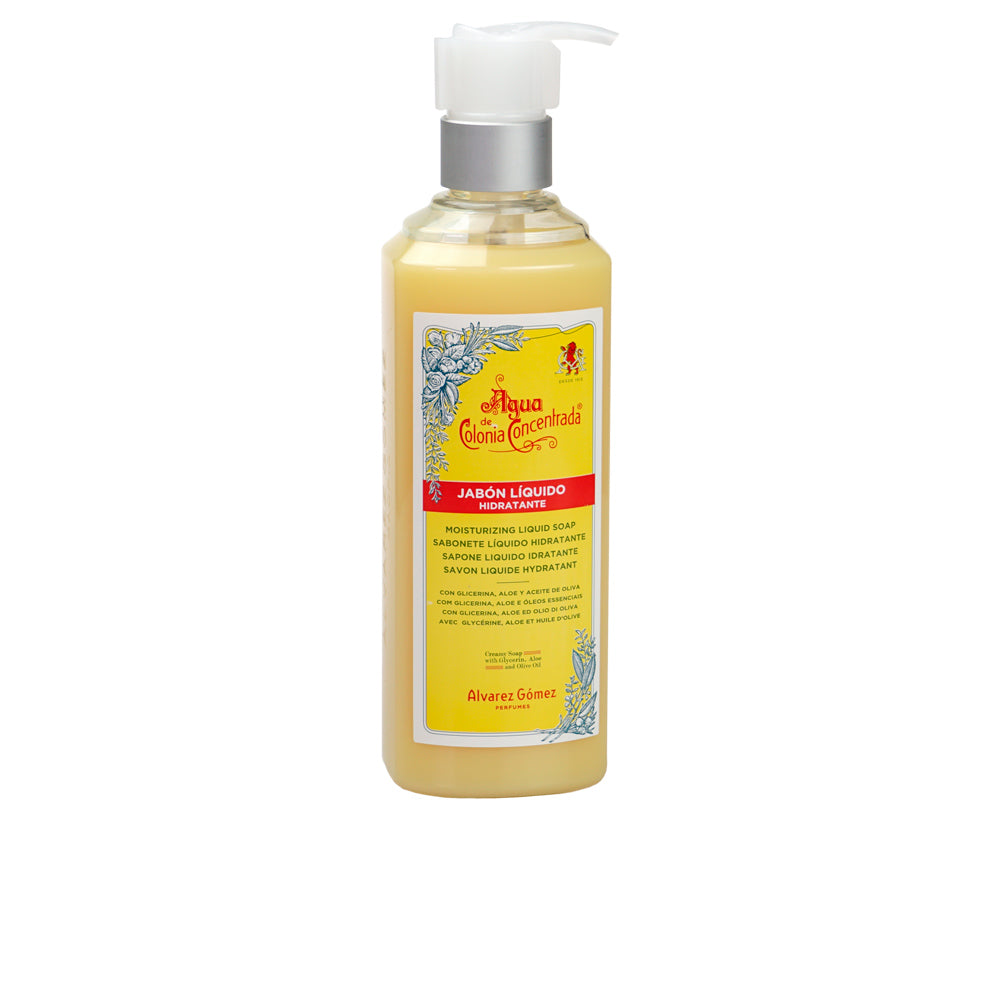 Alvarez Gomez Transparent yellow plastic liquid soap bottle with pump, rectangular floral label and red accent band
