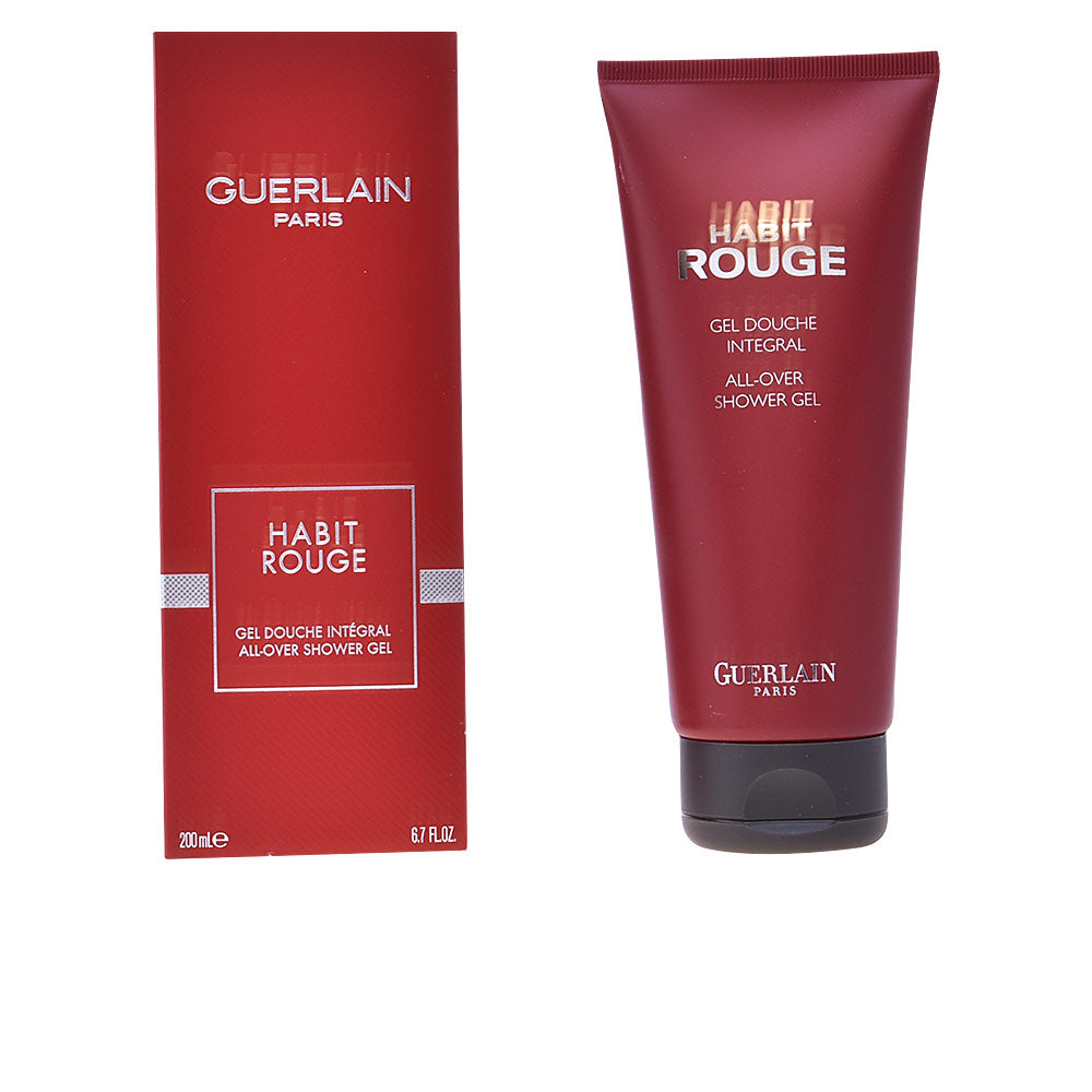 Red plastic shower gel tube with flip-top cap beside cardboard box, minimalist modern packaging, Guerlain