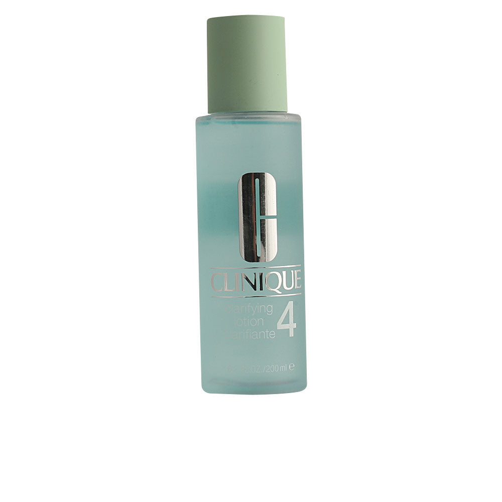 Clinique Minimalist transparent plastic lotion bottle, light blue and green hues, silver logo and text