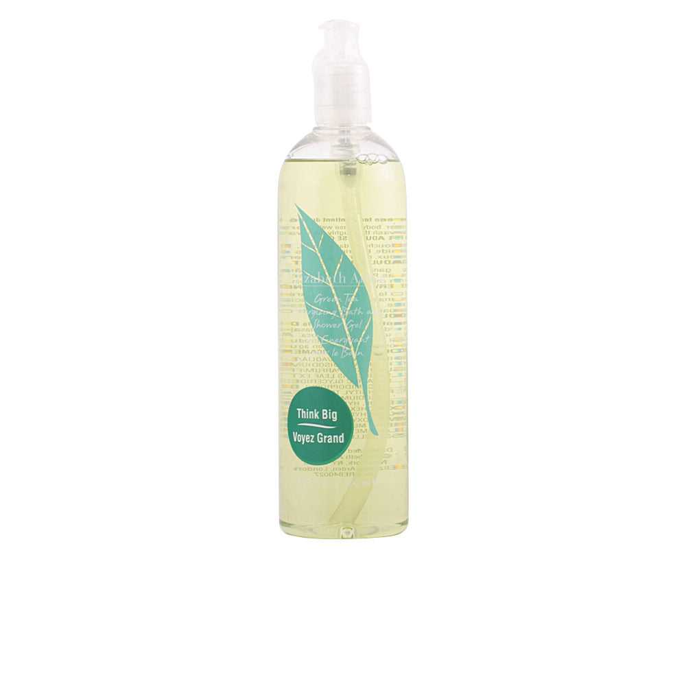 Elizabeth Arden Light yellow shower gel in transparent plastic bottle with pump, green leaf graphic and label