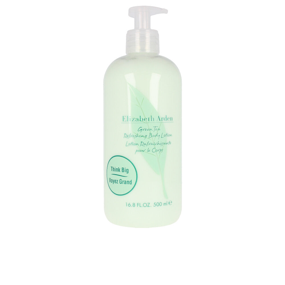 Elizabeth Arden Light green plastic body lotion bottle with pump dispenser and leaf graphic, minimalist clean design
