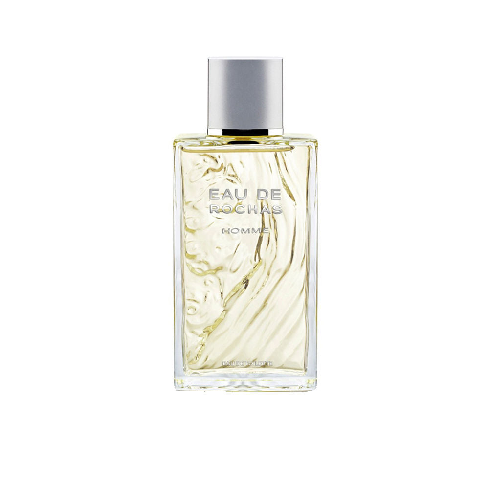 Sculptural clear bottle of Eau de Rochas Homme with fresh citrus-aromatic fragrance