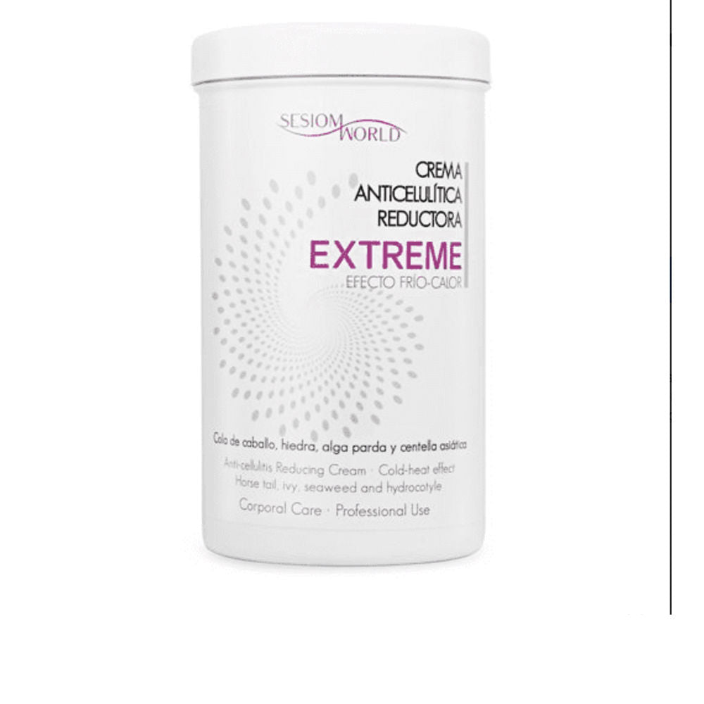 Sesiom World Minimalist white plastic cylindrical anti-cellulitis cream with purple and black printed text, spiral dot pattern