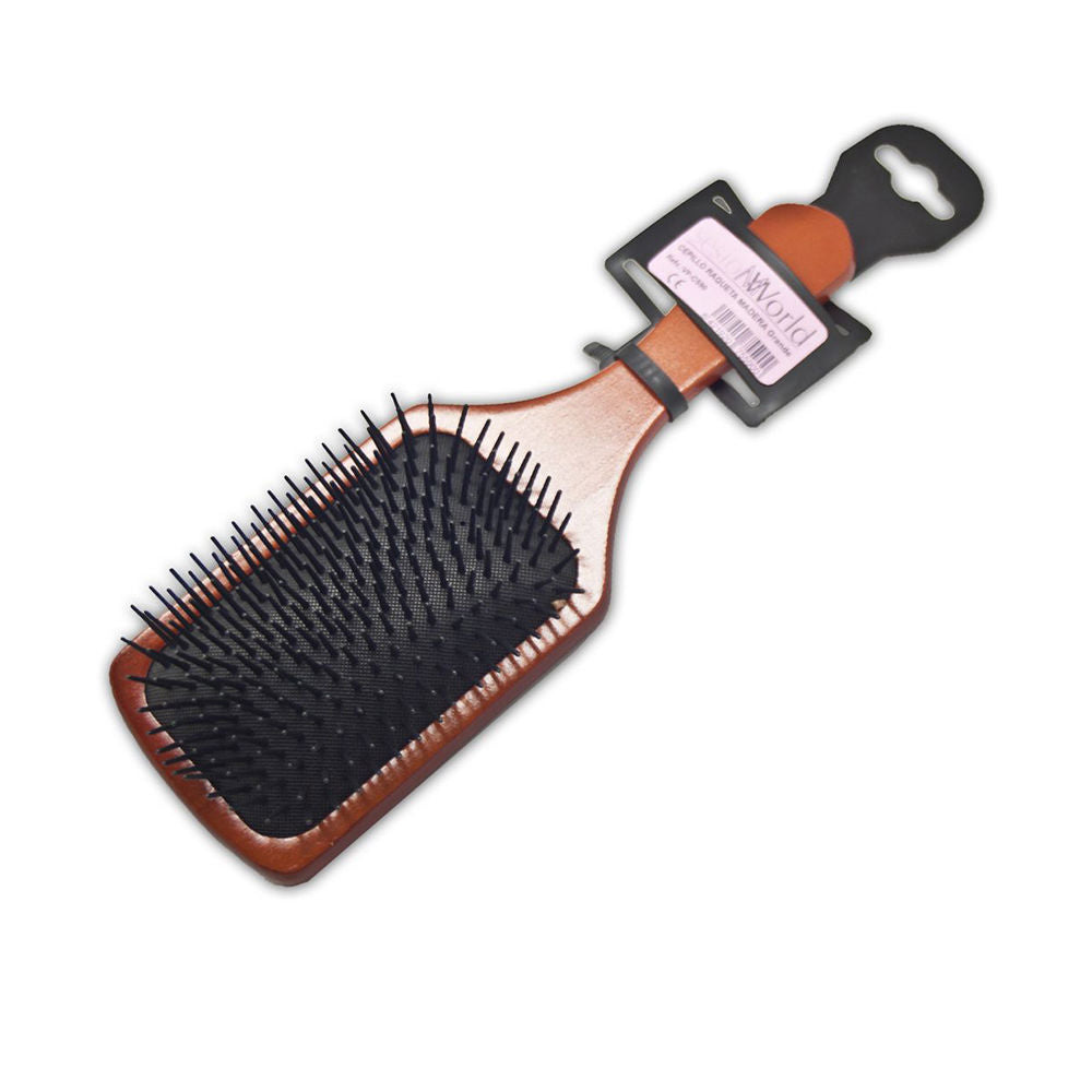 Rectangular wooden paddle hair brush with padded cushion and flexible bristles, Unisex