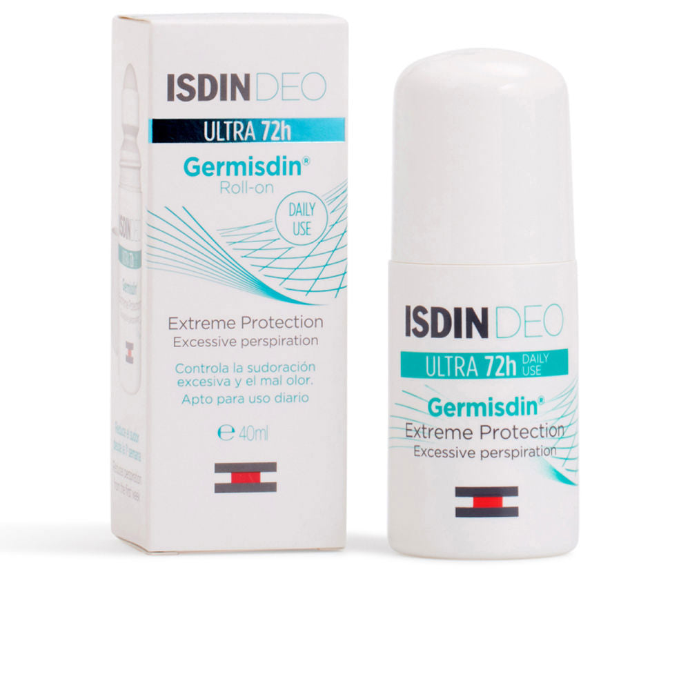 Isdin White roll-on deodorant bottle with teal and black accents, plastic bottle beside cardboard box, minimalist design, roll-on applicator visible, brand label clear.