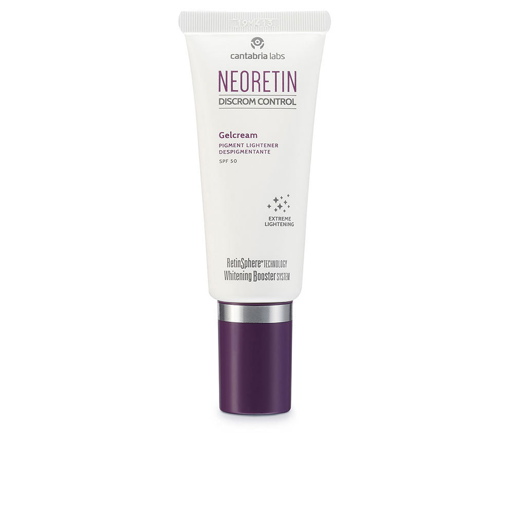 Tube of Neoretin Discrom Control SPF50+ depigmenting gel-cream for facial sun protection and tone correction