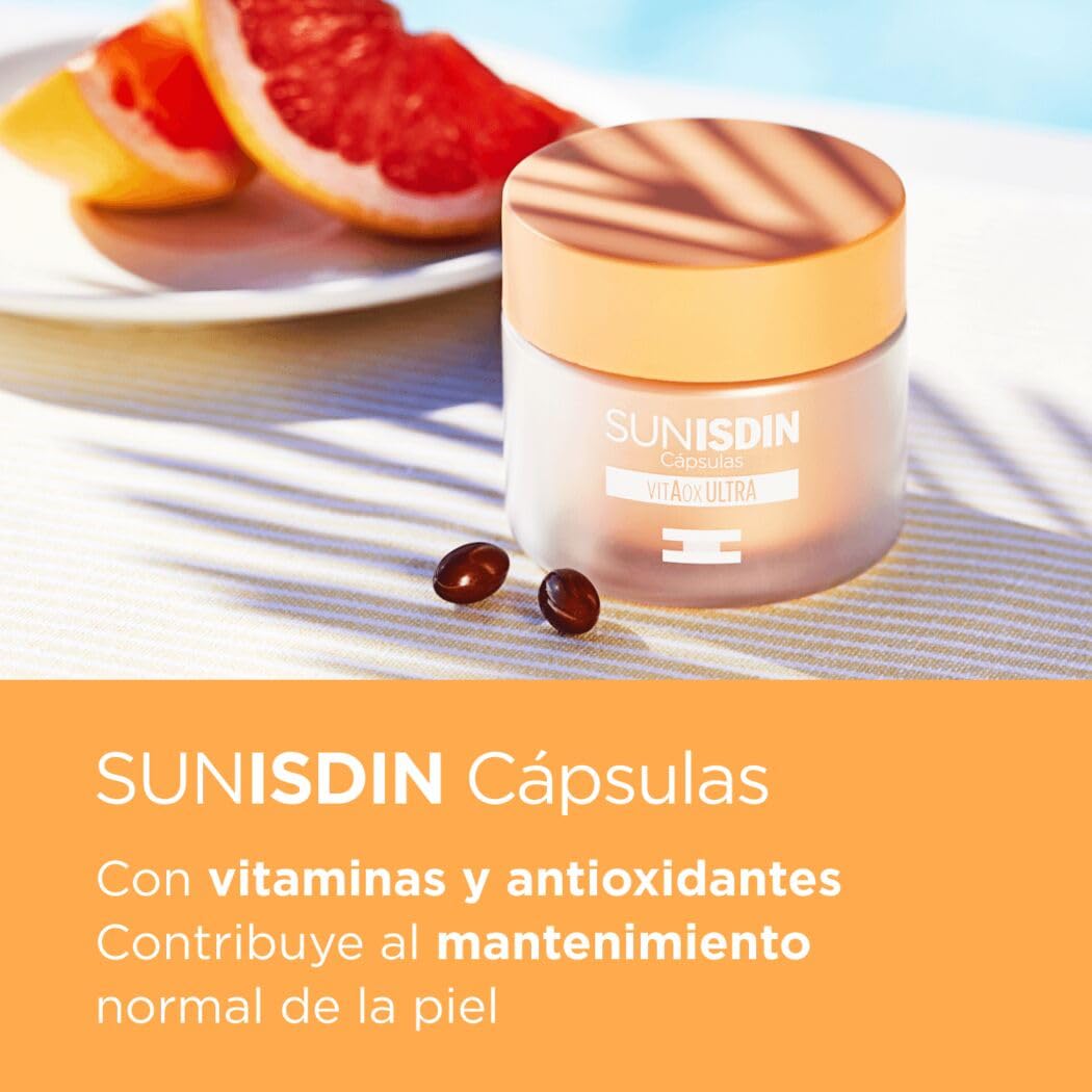 Isdin Two orange‑lidded plastic jars and rectangular box in orange and white, one jar showing capsules, clean minimalistic packaging