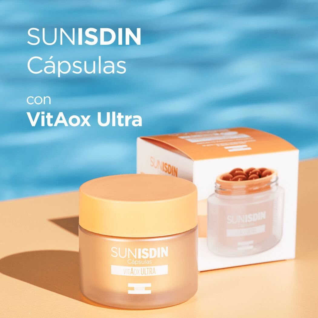 Isdin Two orange‑lidded plastic jars and rectangular box in orange and white, one jar showing capsules, clean minimalistic packaging