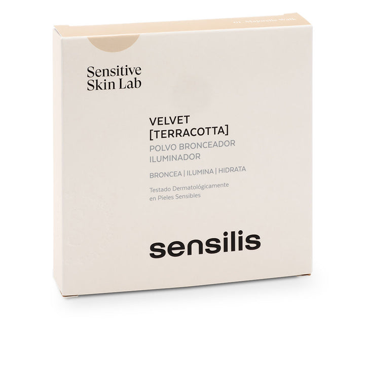 Sensilis Beige rectangular bronzer compact in matte cardboard with printed text and logo, minimalist design