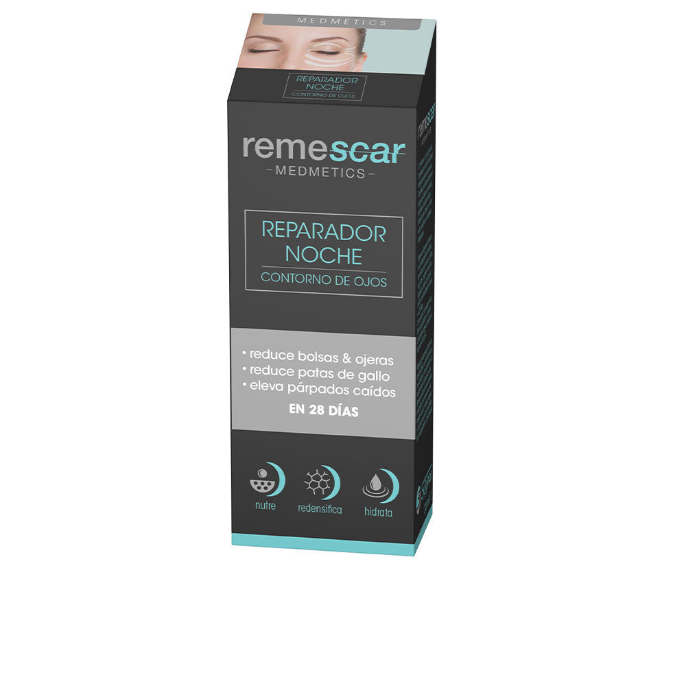 Jar of Remescar Eye Night Repair cream beside a soft bedtime setting