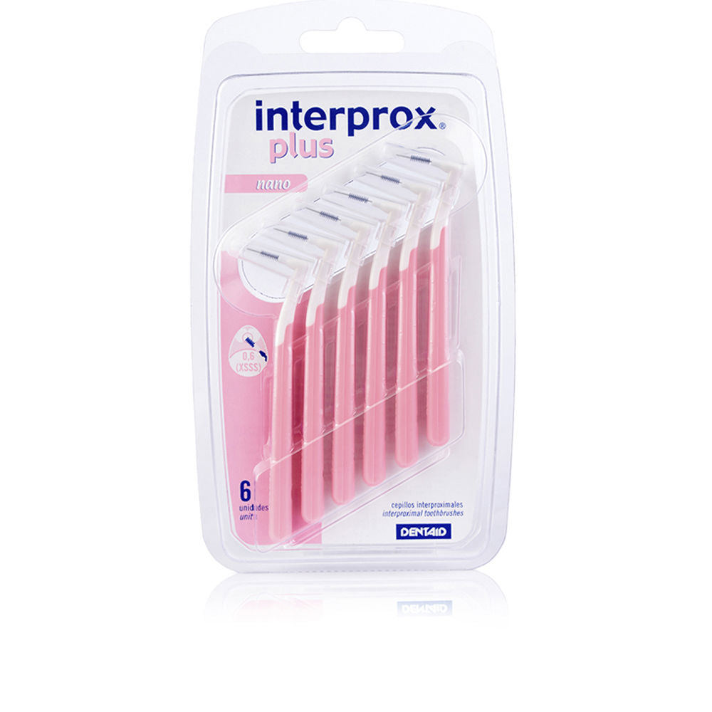 Interprox Compact angled plastic interdental brushes, pink white blue handles, six units, 0.6 small brush size