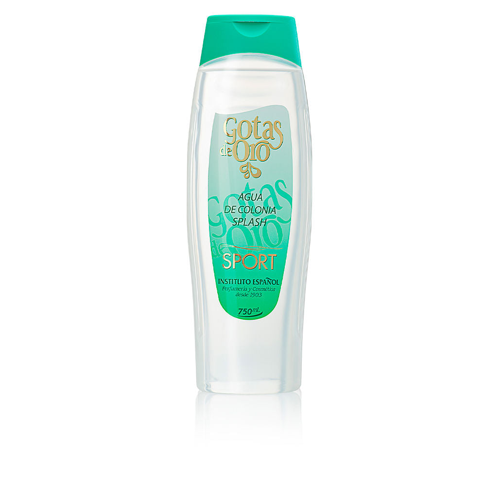 Instituto Español Clear plastic cologne splash with curved bottle, green flip-top cap, printed gold and green label