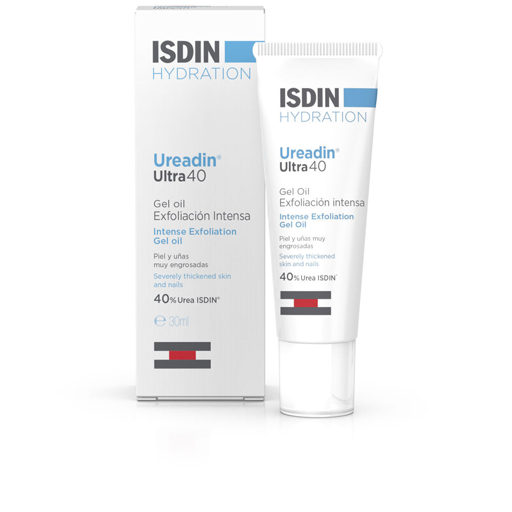 Isdin White plastic tube and box with blue and black text, red and black logo, minimalist clinical packaging