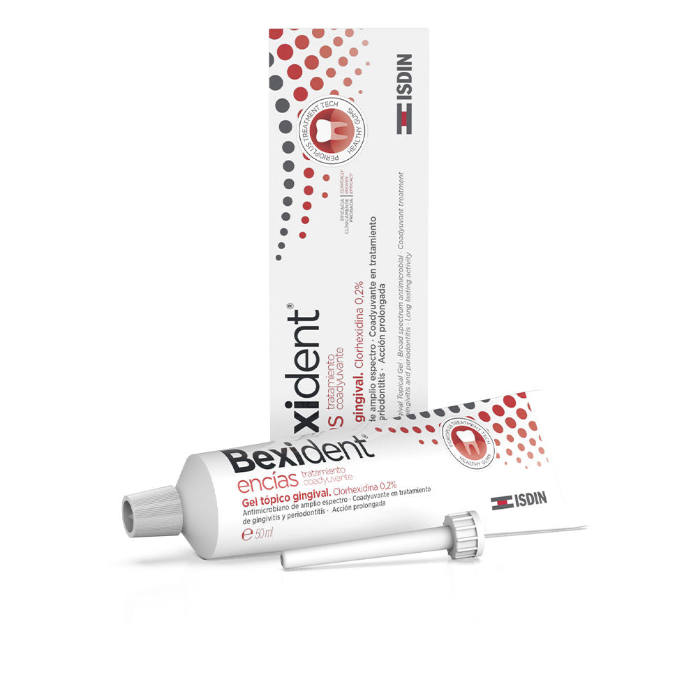 Isdin White plastic topical gel tube with screw cap, applicator nozzle and red-black dotted label, .