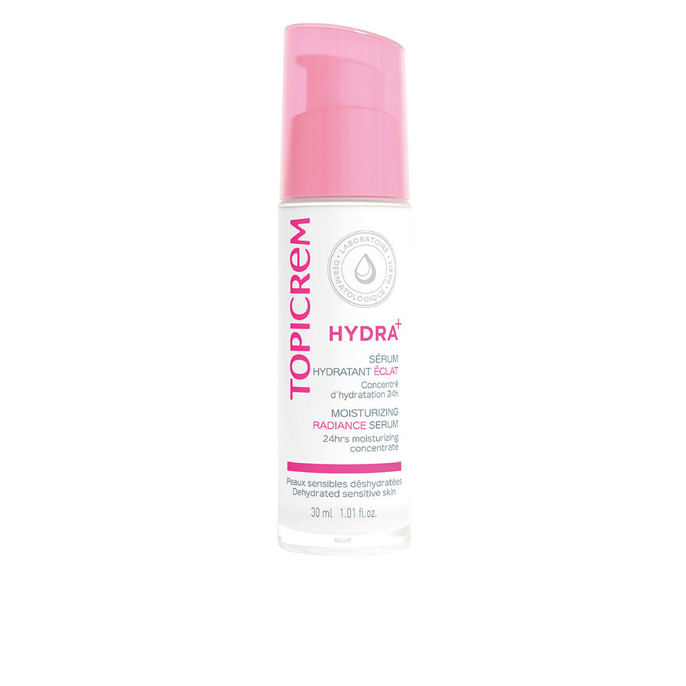 Topicrem White and pink cylindrical plastic serum bottle with pump, transparent lower part, printed text