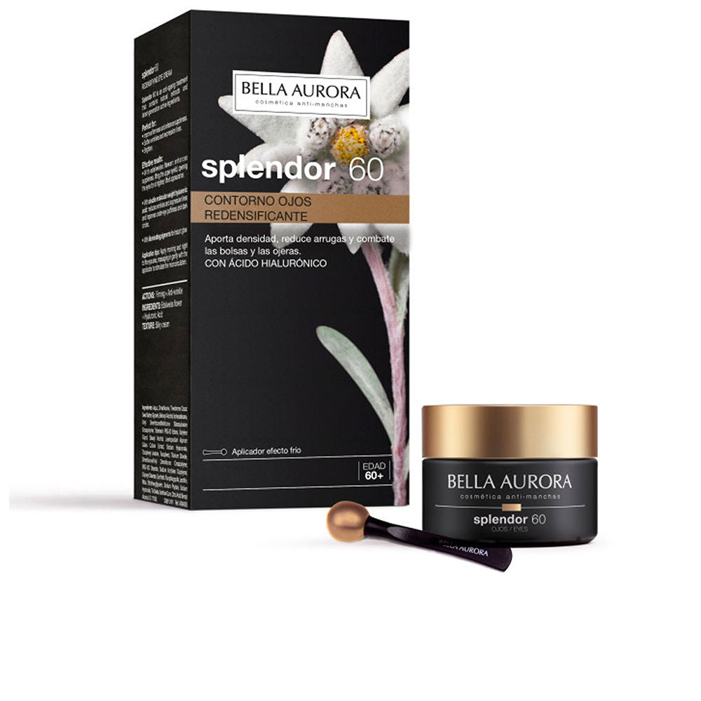 Bella Aurora Black and gold eye cream tube with rounded-tip applicator, white box featuring brown flower image