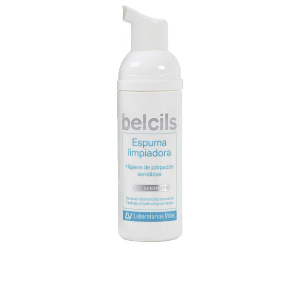 Belcils White plastic foaming cleanser bottle with pump dispenser, compact eyelid cleansing foam