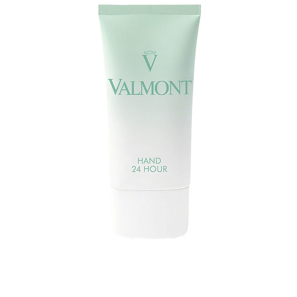 Tube of Valmont Hand 24 Hour cream with hands receiving application