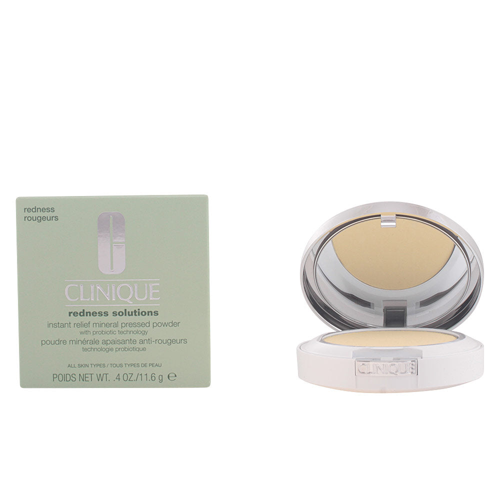 Light green box and white plastic compact with mirror, beige pressed powder and visible Clinique logo