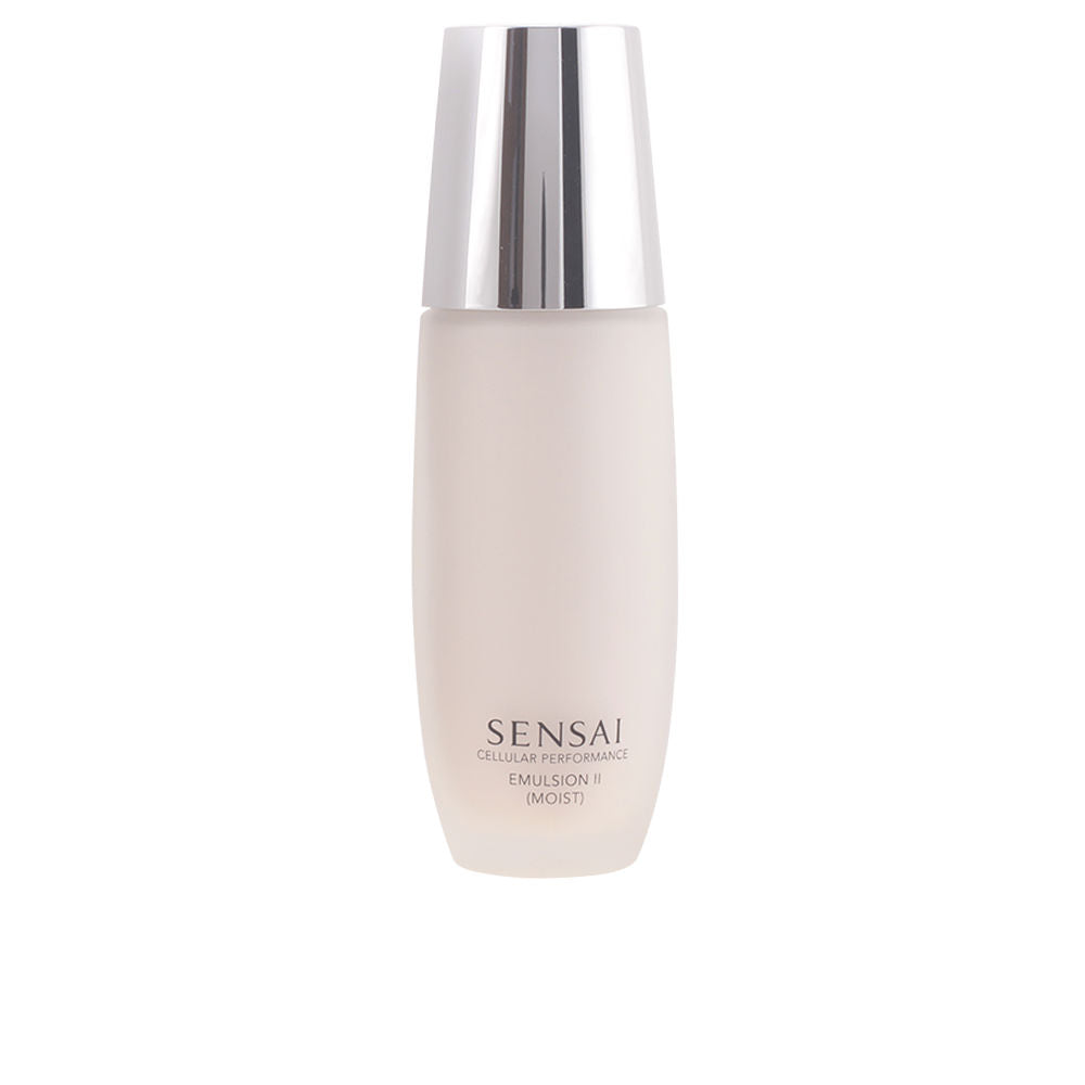 Sensai Off-white frosted emulsion bottle with shiny silver cap, minimalist modern design, refined craftsmanship