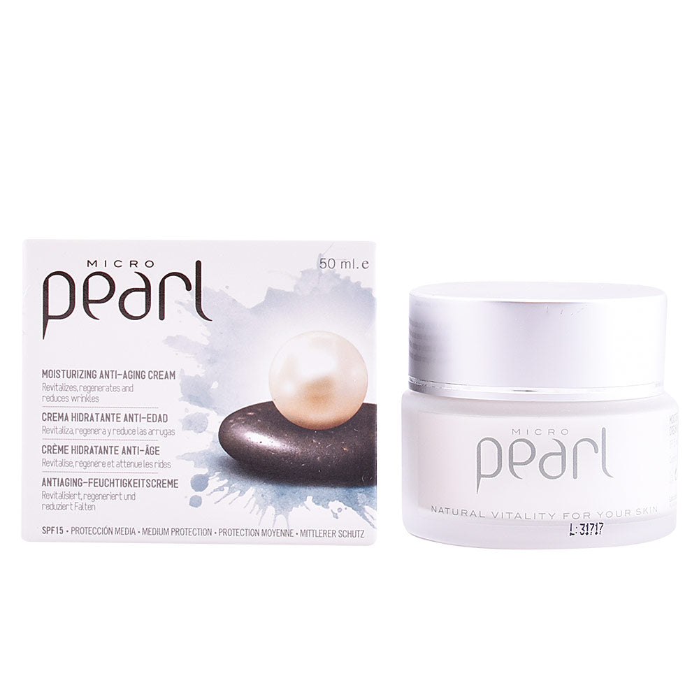 Diet Esthetic Moisturizing anti-aging cream in white plastic jar with screw lid beside minimalist box, pearl and stone imagery