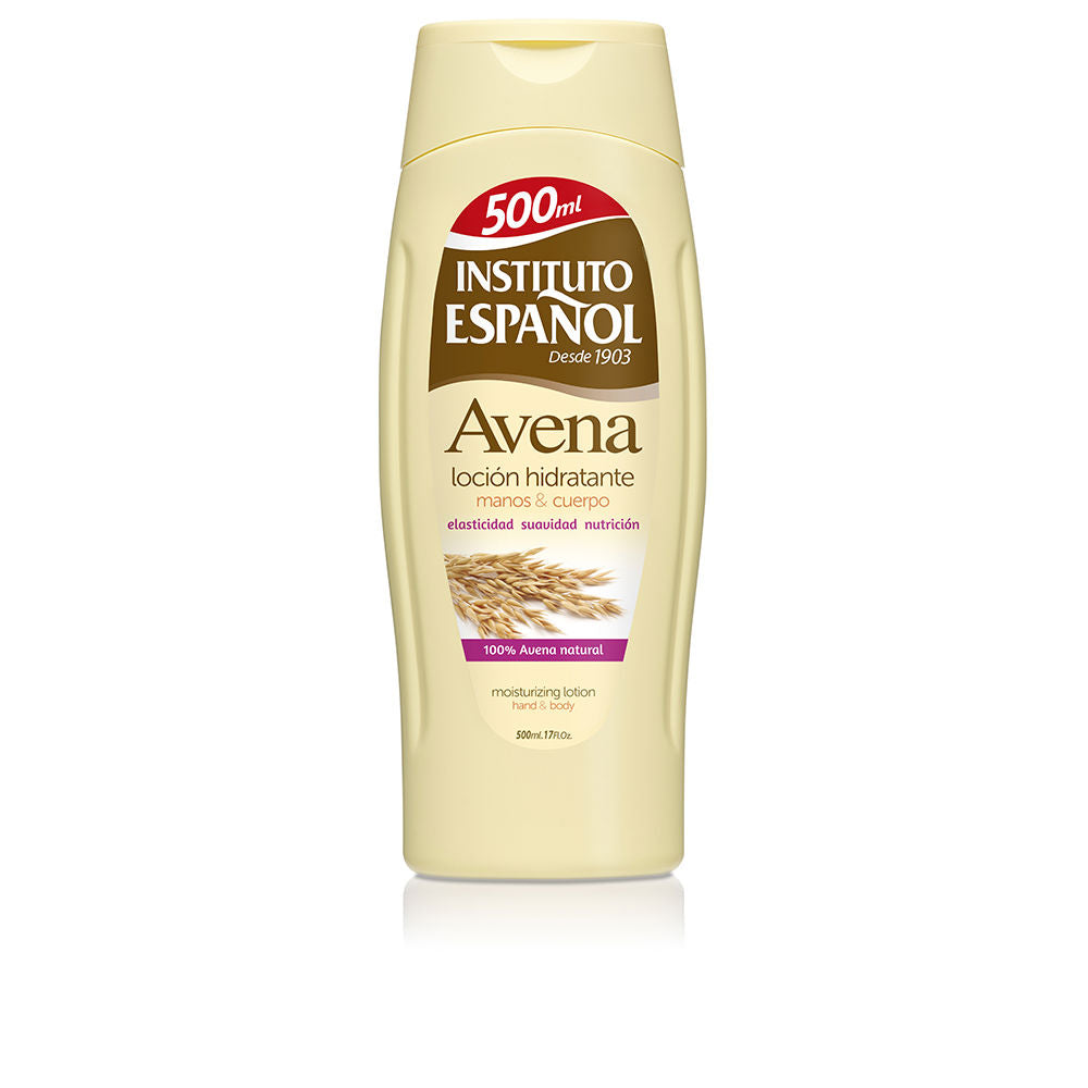 Instituto Español Beige plastic lotion bottle with flip-top cap, oat image and text label, clean natural design