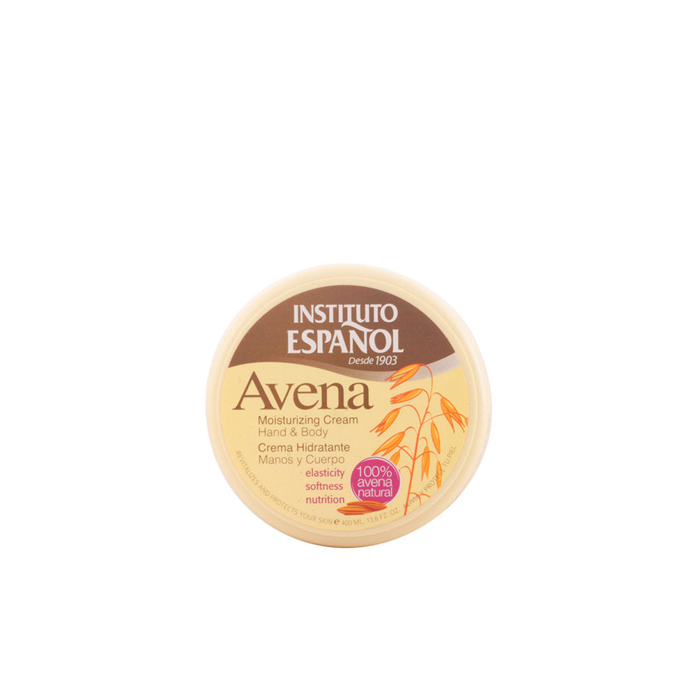 Elegant bottle of Instituto Español Avena hydrating body lotion with oat theme