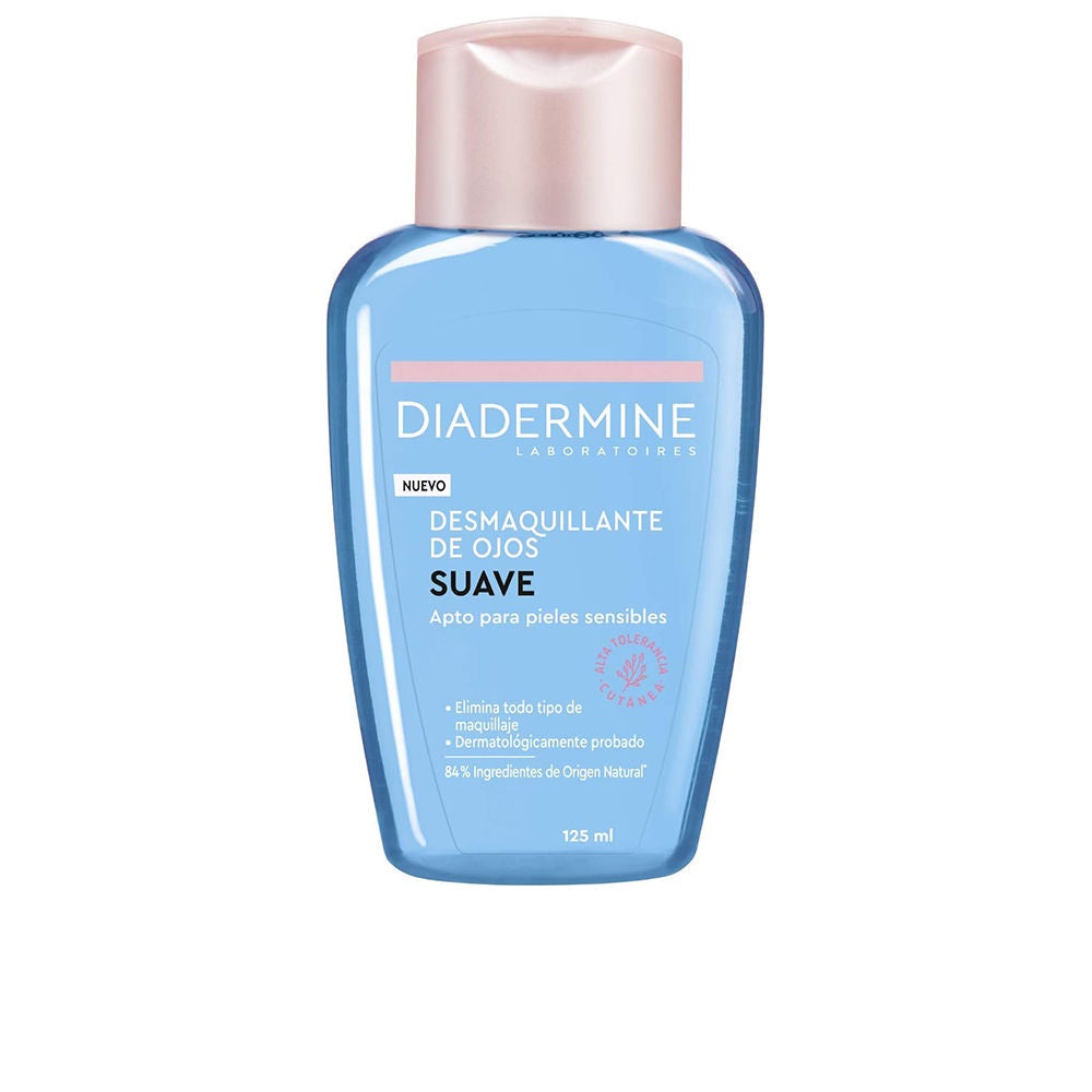 Bottle of Diadermine ophthalmologist-approved eye makeup cleanser with cotton pad