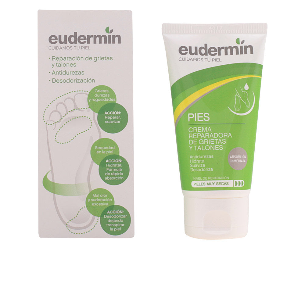 Eudermin Green and white plastic tube with matching box, foot illustration, text and icons, clean medical styling