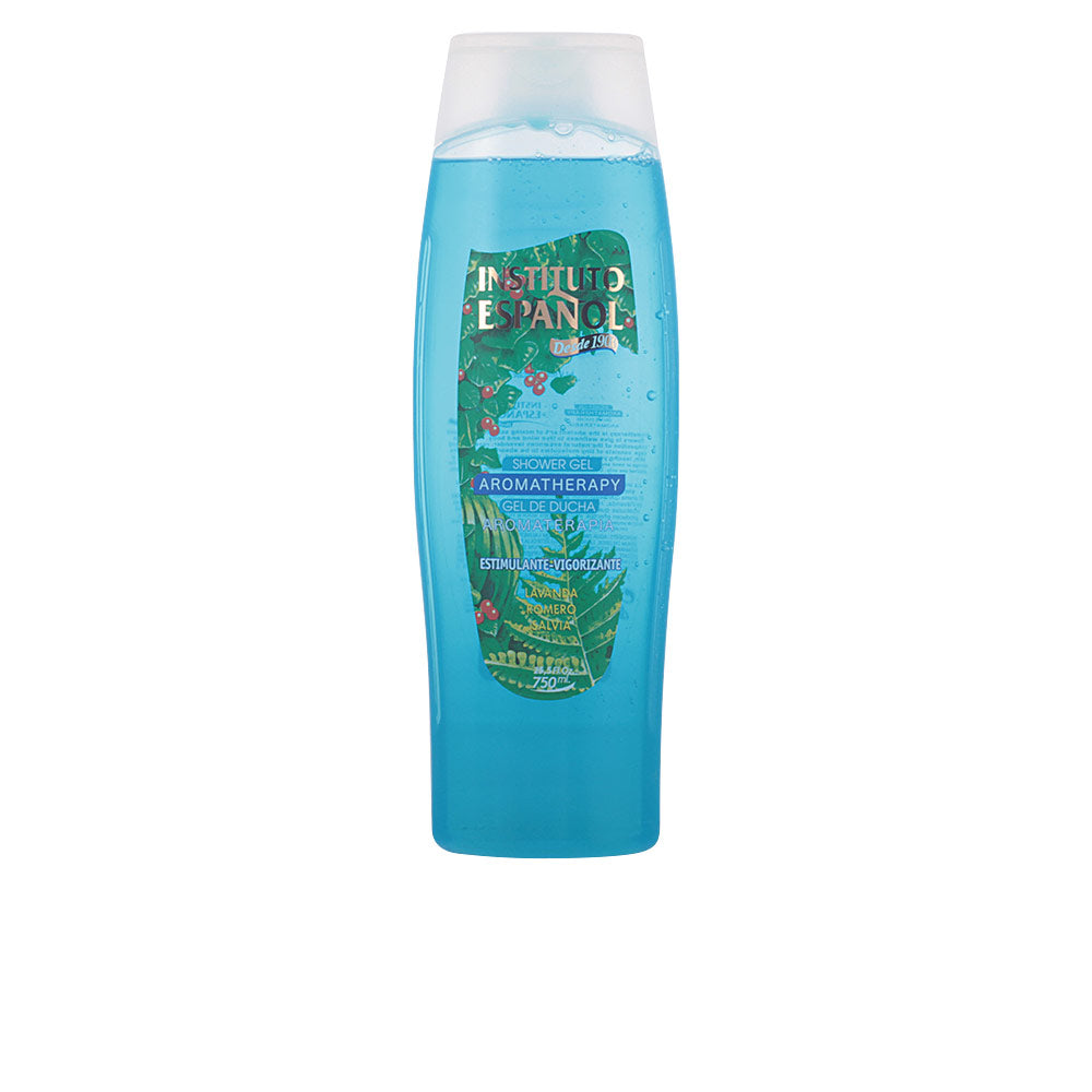 Instituto Español Blue transparent plastic shower gel bottle with flip-top cap, botanical label and visible liquid inside