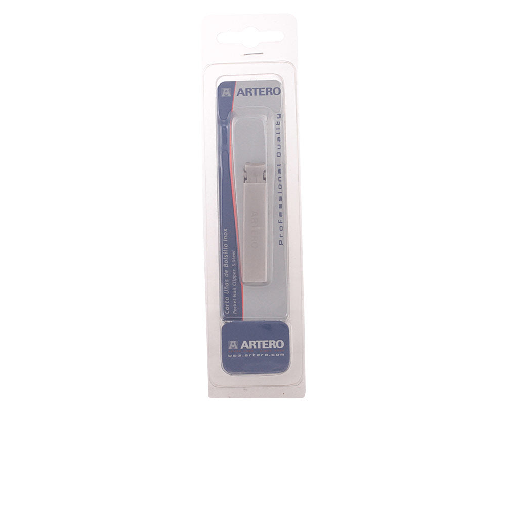 Artero Silver stainless steel pocket nail clipper with blue ergonomic handle, professional metal finish, compact design