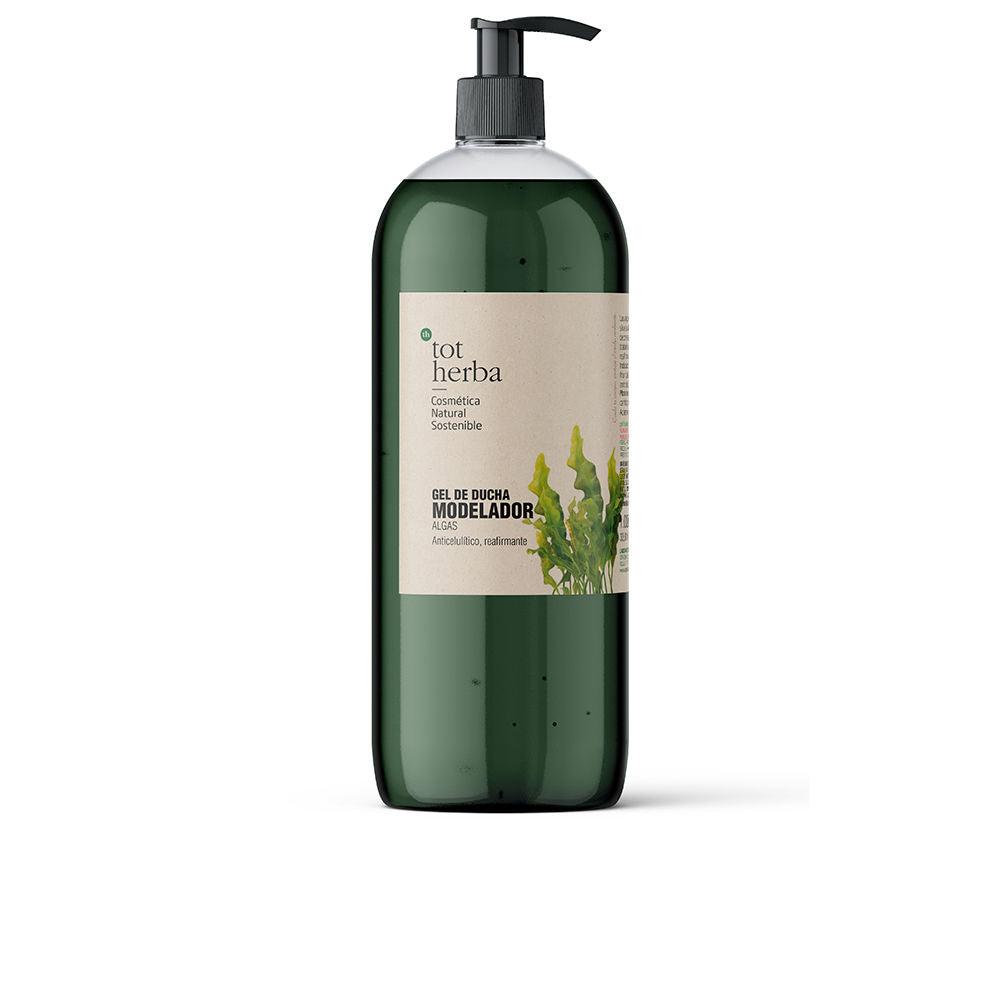 Tot Herba Dark green plastic shower gel bottle with pump, rectangular label featuring plant illustration and text