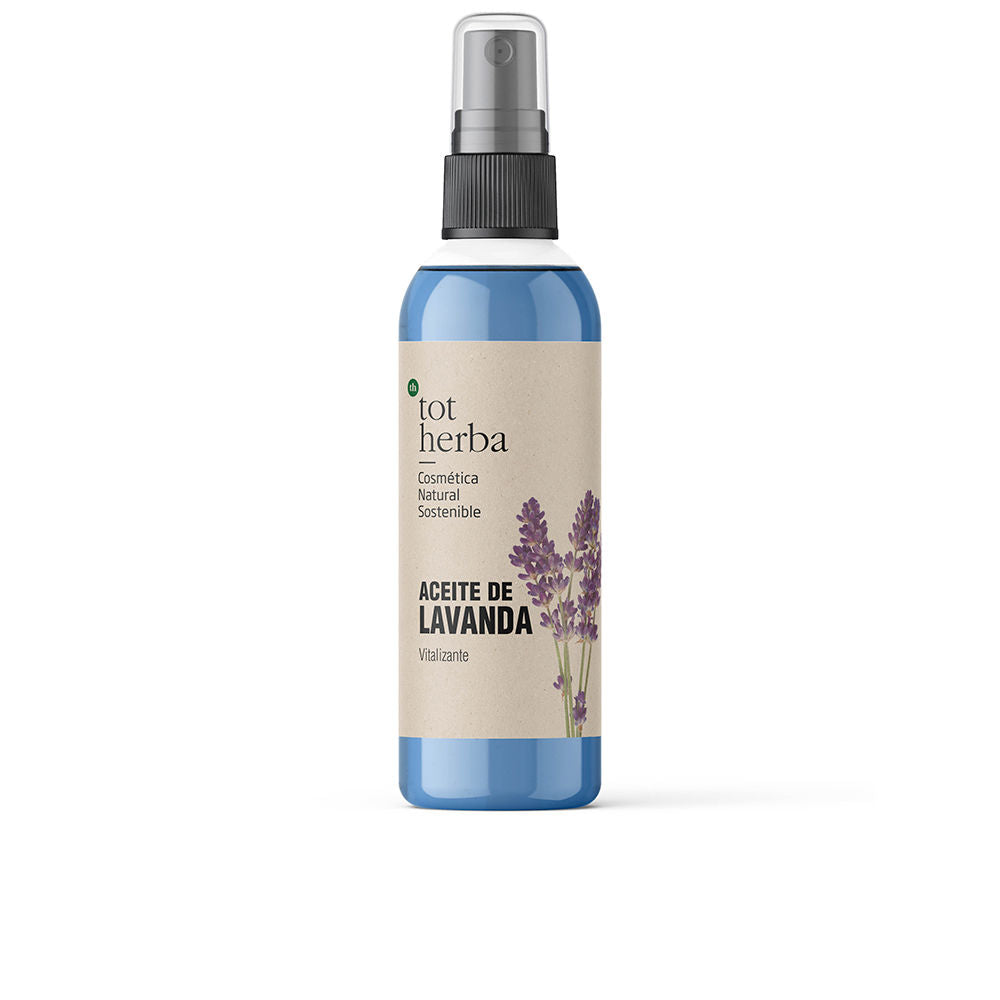 Tot Herba minimalist blue plastic spray bottle with label, spray nozzle and lavender illustration visible