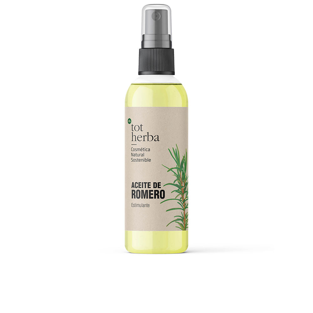 Tot Herba Spray bottle in yellow, black and beige plastic with transparent body, rosemary illustration and label