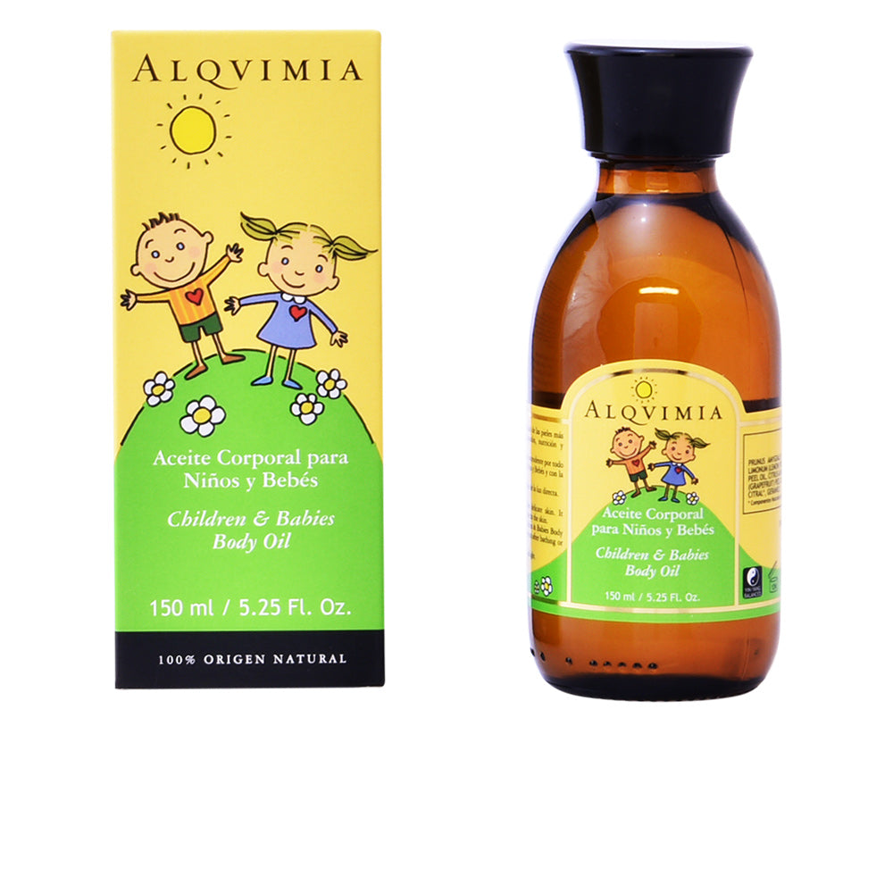 Alqvimia Glass bottle and cardboard box with playful child illustration, yellow-green label, sun icon