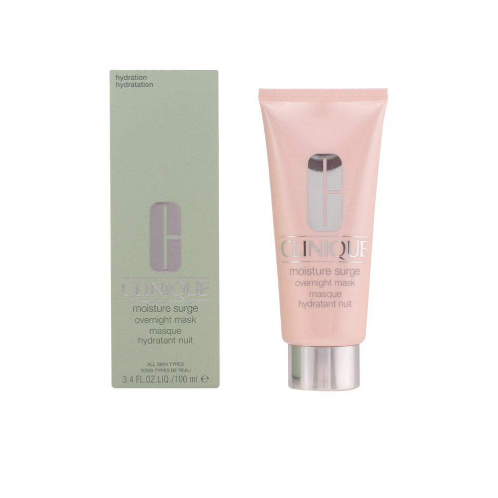 Clinique Minimalist tube and box of overnight mask in light pink and green with silver logo, screw cap, bilingual text