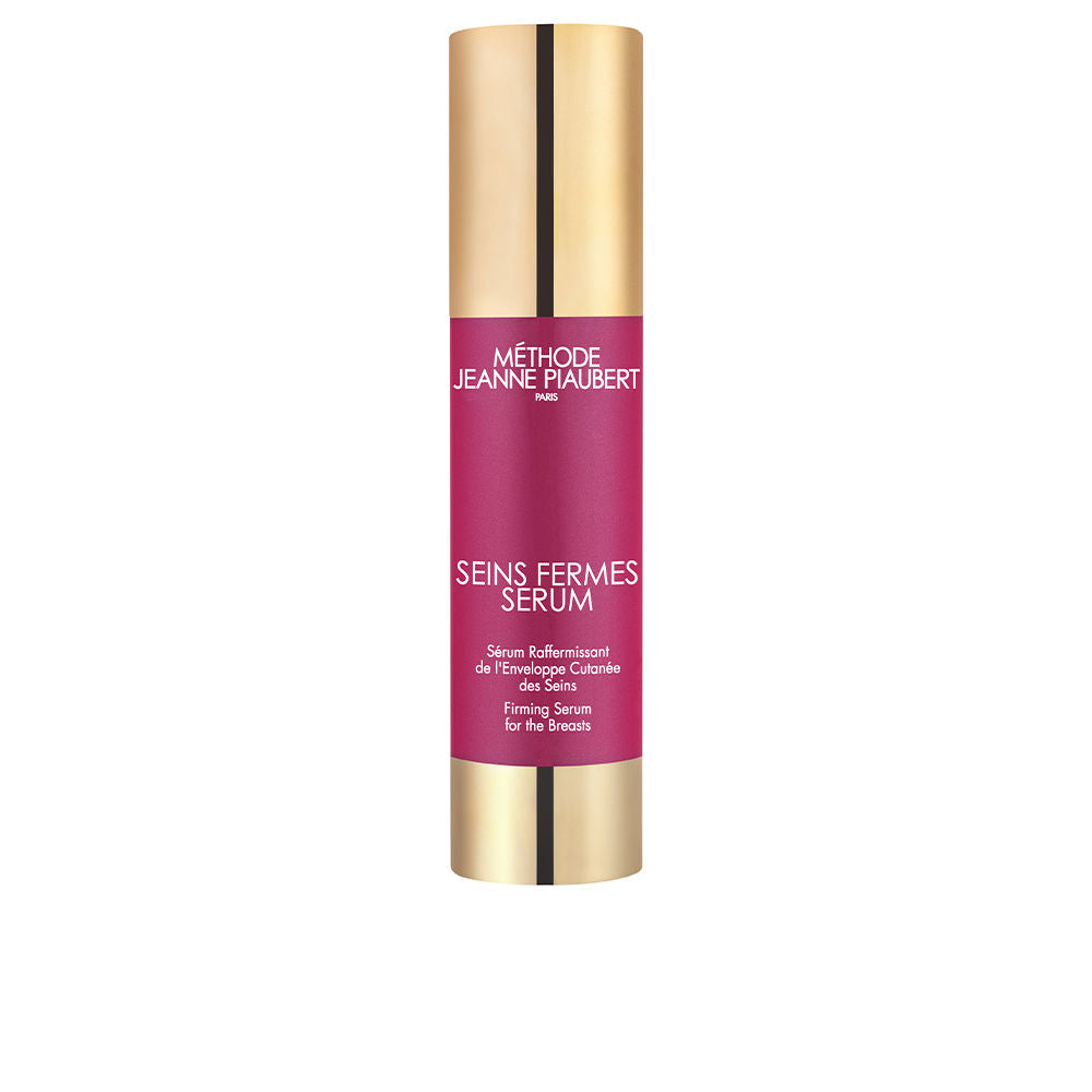 Jeanne Piaubert Gold and dark pink cylindrical plastic serum bottle with pump dispenser, luxury elegant finish