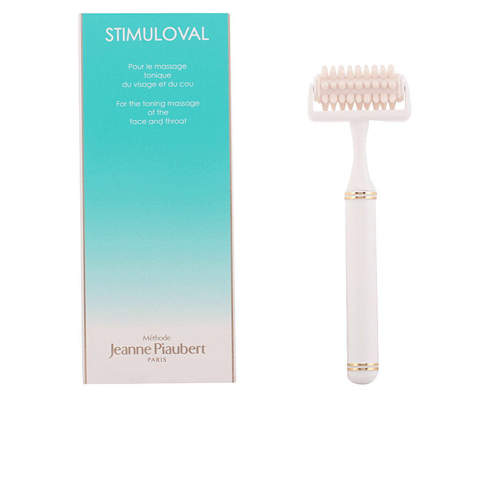 Jeanne Piaubert White minimalist plastic massage roller with spiked roller, gold-accent handle, compact handheld design