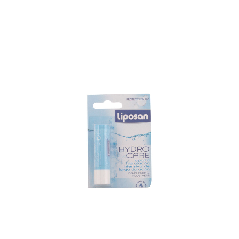 Liposan Light blue and white plastic lip balm tube on cardboard backing, water-splash graphic and benefit text visible