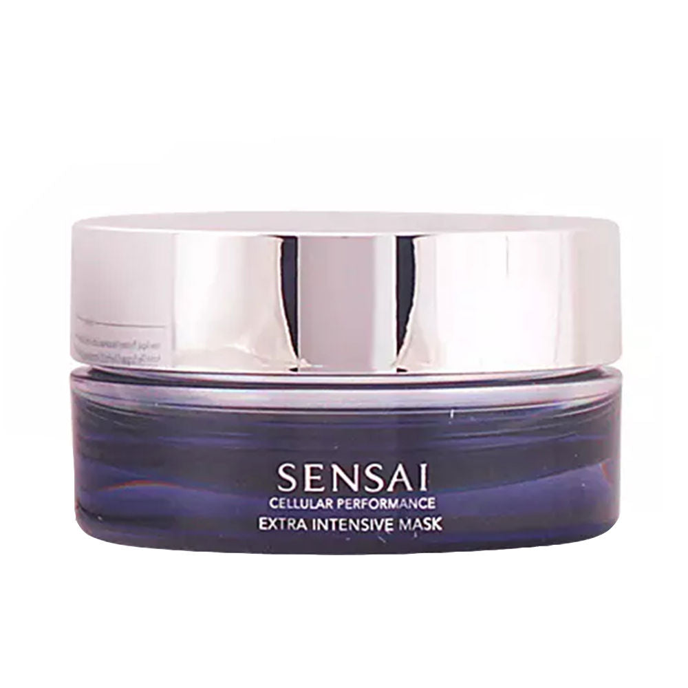 Sensai Dark blue round face mask jar with metallic silver lid and printed text, transparent glass or plastic.
