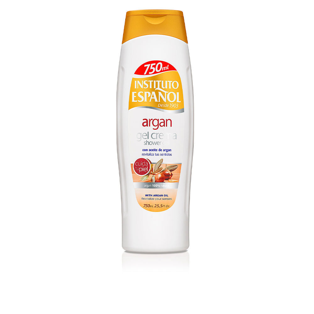 Instituto Español White plastic shower gel tube with orange-red label, flip-top cap, textured product lather visible