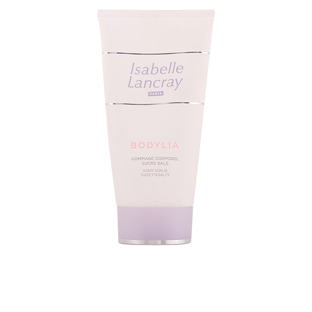 Isabelle Lancray Minimalist white and light purple plastic tube body scrub with silver horizontal lines, refined packaging.
