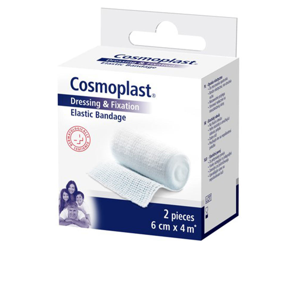 White rolled elastic bandage with visible mesh texture, compact packaging showing product image, Cosmoplast