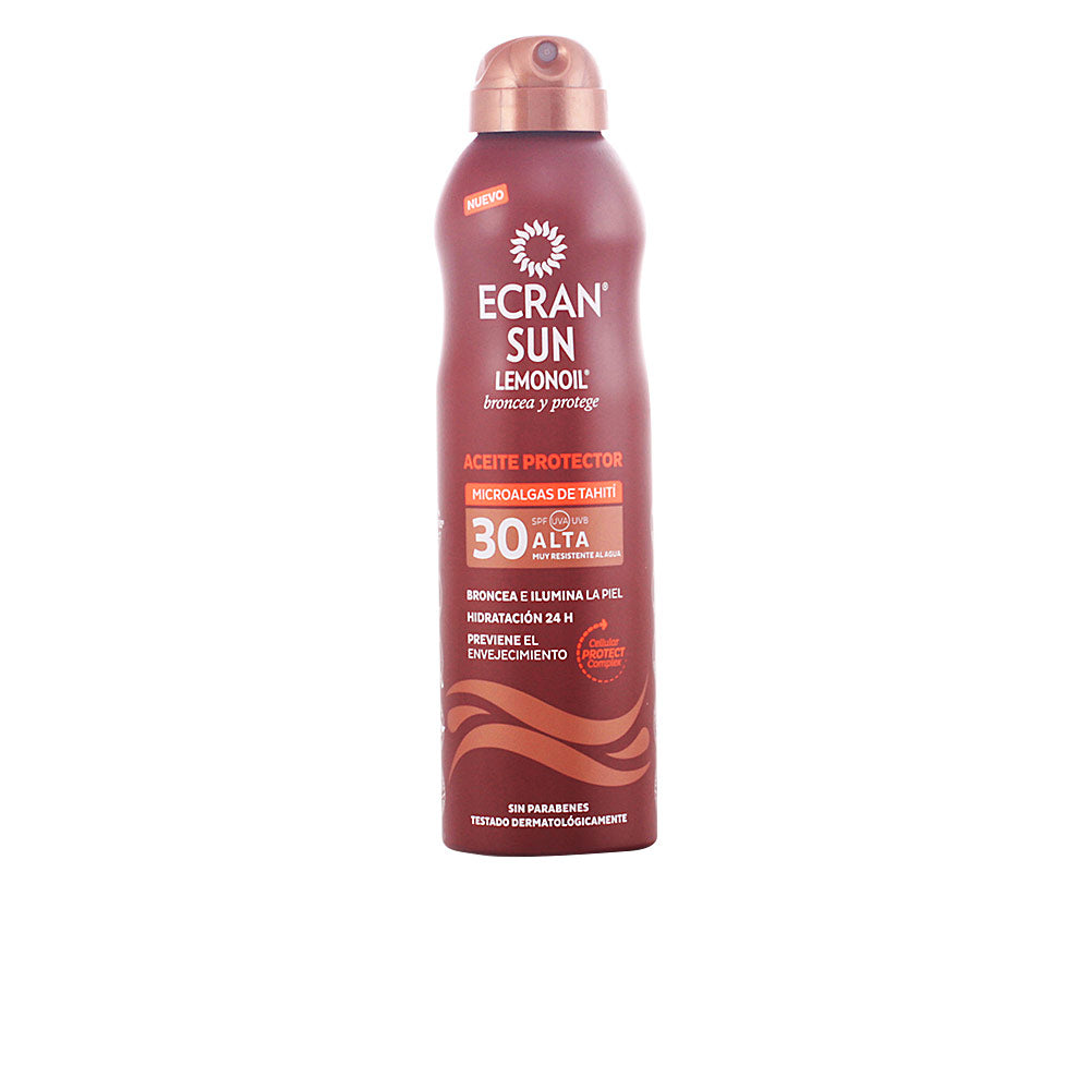 Ecran Brown plastic spray bottle with copper cap, curved shape, wave pattern and printed logo