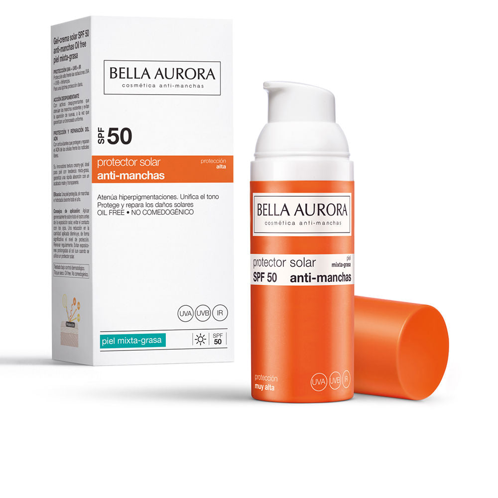 Clear matte sun gel tube labeled Bella Aurora Solar Gel Anti-Spot SPF50